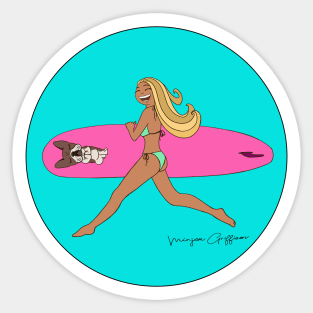 Surfgirl and frenchie catching waves Sticker